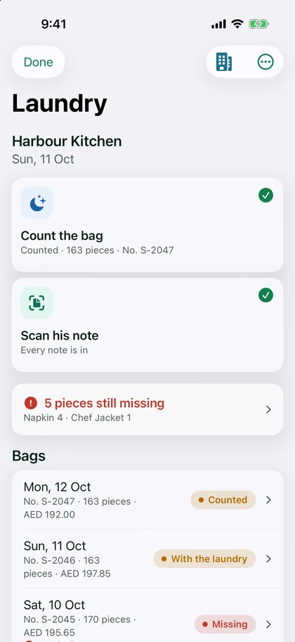 Laundry: the bag counted, the note scanned, pieces still missing