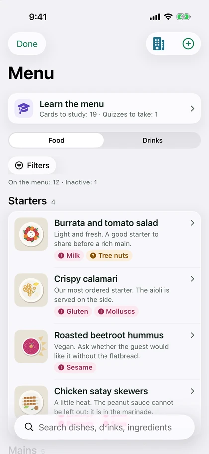 The menu guide: dishes with their allergens